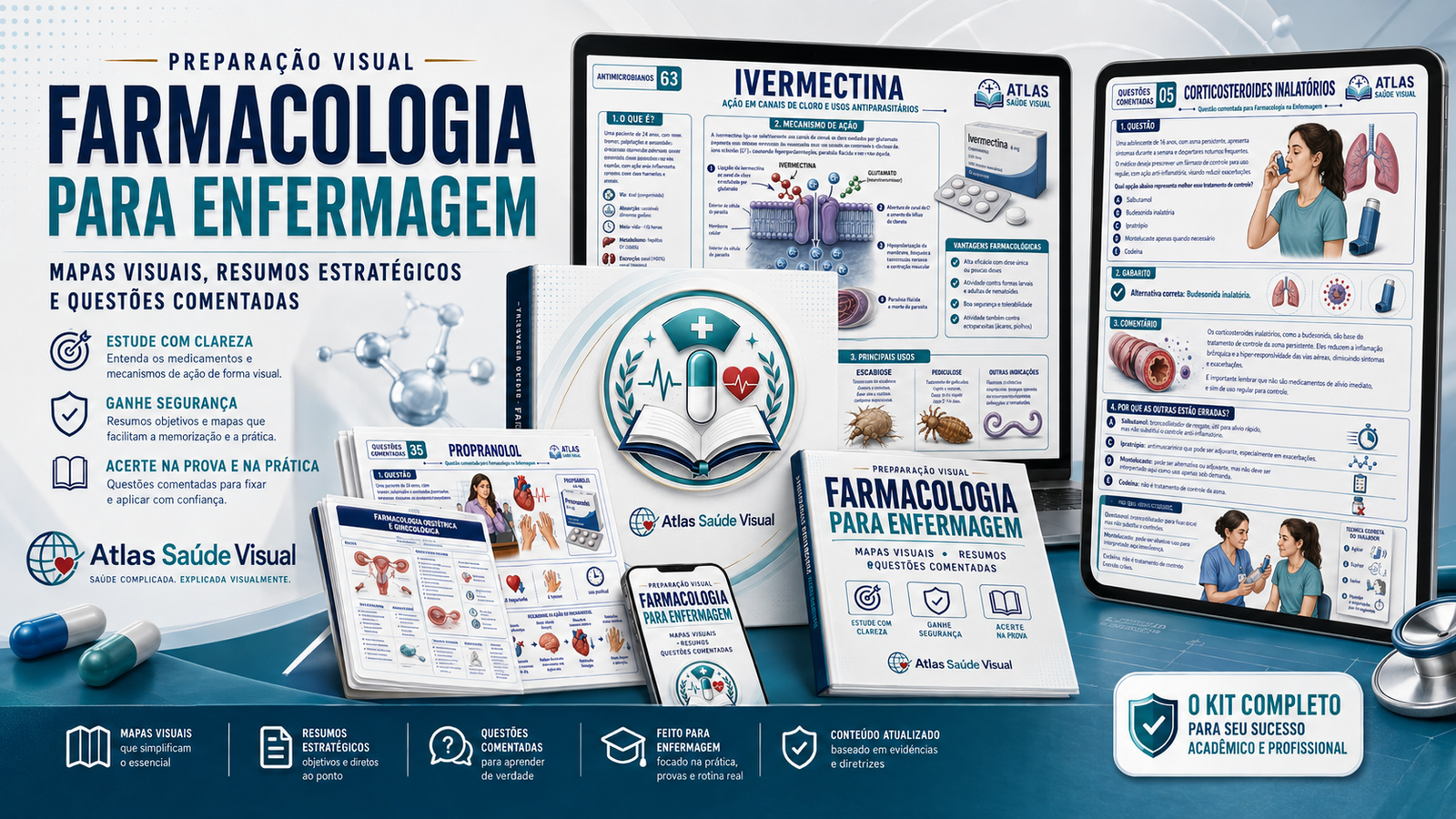 Mockup do material Farmacologia para Enfermagem - Atlas Saúde Visual